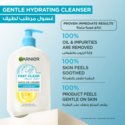 Garnier Fast Clear Gentle Cleanser, Hydrating Face Wash for Acne Prone Skin, 250ml