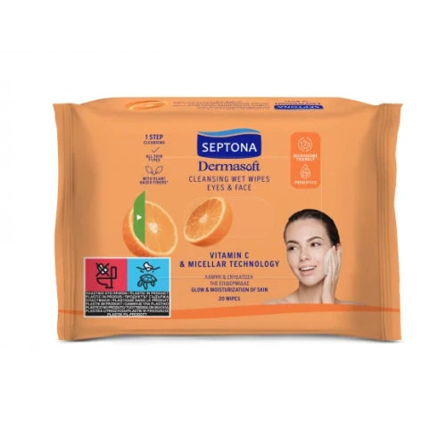 Septona Cleansing Make-up Removal Wipes With Vitamin C And Micellar Technology For Face And Eyes 20 Pieces