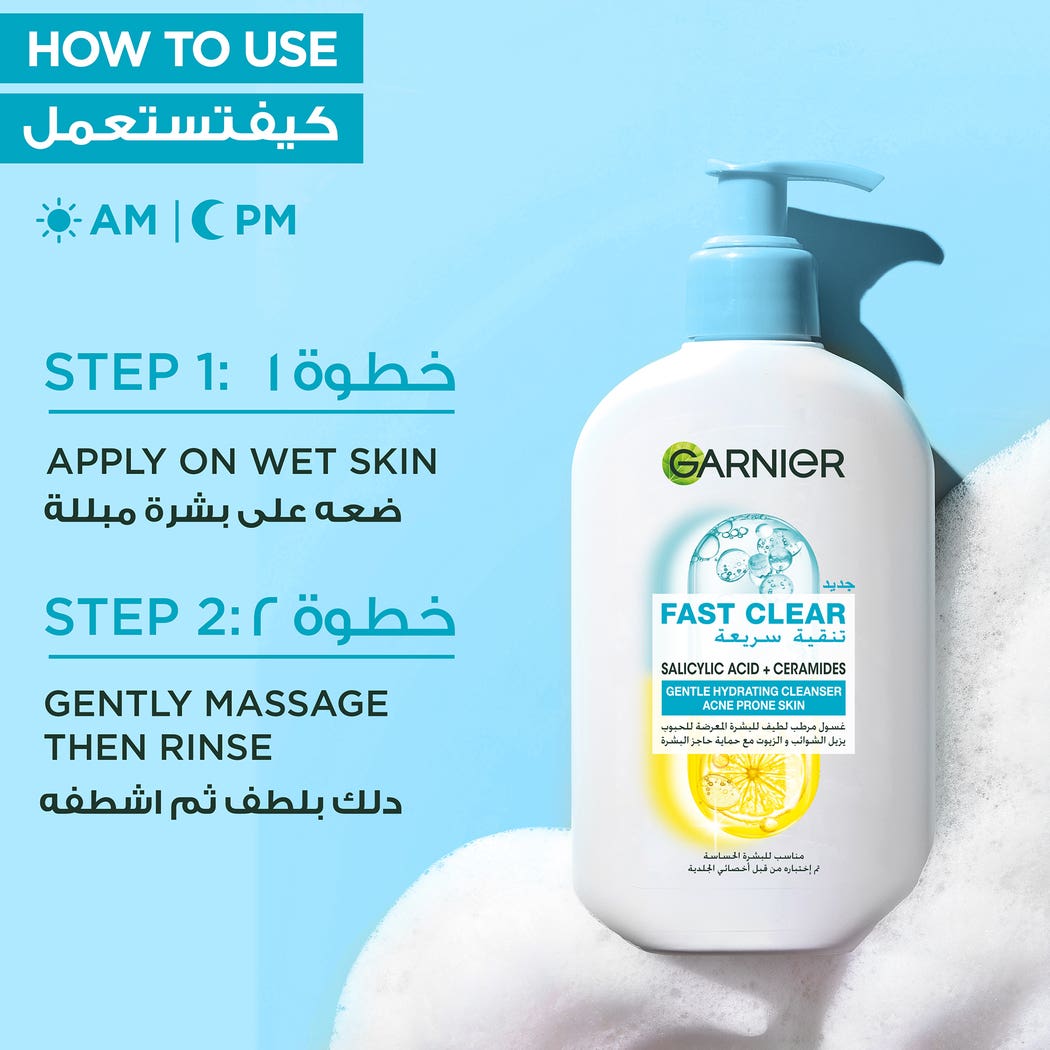 Garnier Fast Clear Gentle Cleanser, Hydrating Face Wash for Acne Prone Skin, 250ml