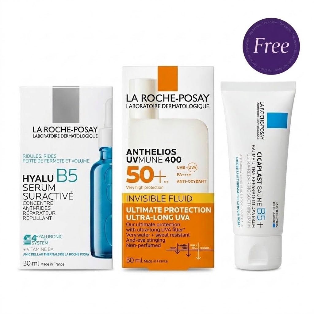 La Roche Posay Hyalu B5 Suractivated Serum 30ML & Anthelios UVmune 400 Invisible Fluid SPF50+ 50ml  + Cicaplast Baume B5+ Ultra Repairing Soothing Balm 40ml  Free