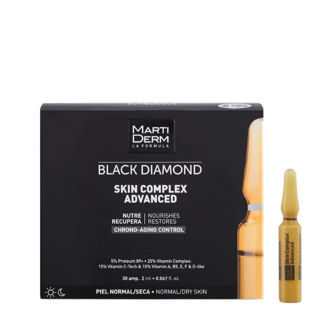MartiDerm Black Diamond Skin Complex Advanced packaging with ampoules on a light gray background