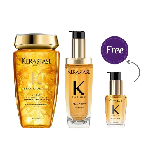 Kerastase Elixir Ultime Le Bain Shampoo 250ml & L'Huile Originale Refilllable 75ml + Elixir Ultime Refillable Hair Oil 30ml Free