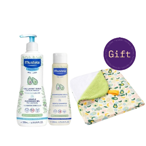 Mustela Gentle Cleansing Gel 500ml & Mustela Baby Gentle Shampoo 200ml With Free Baby Hooded Towel