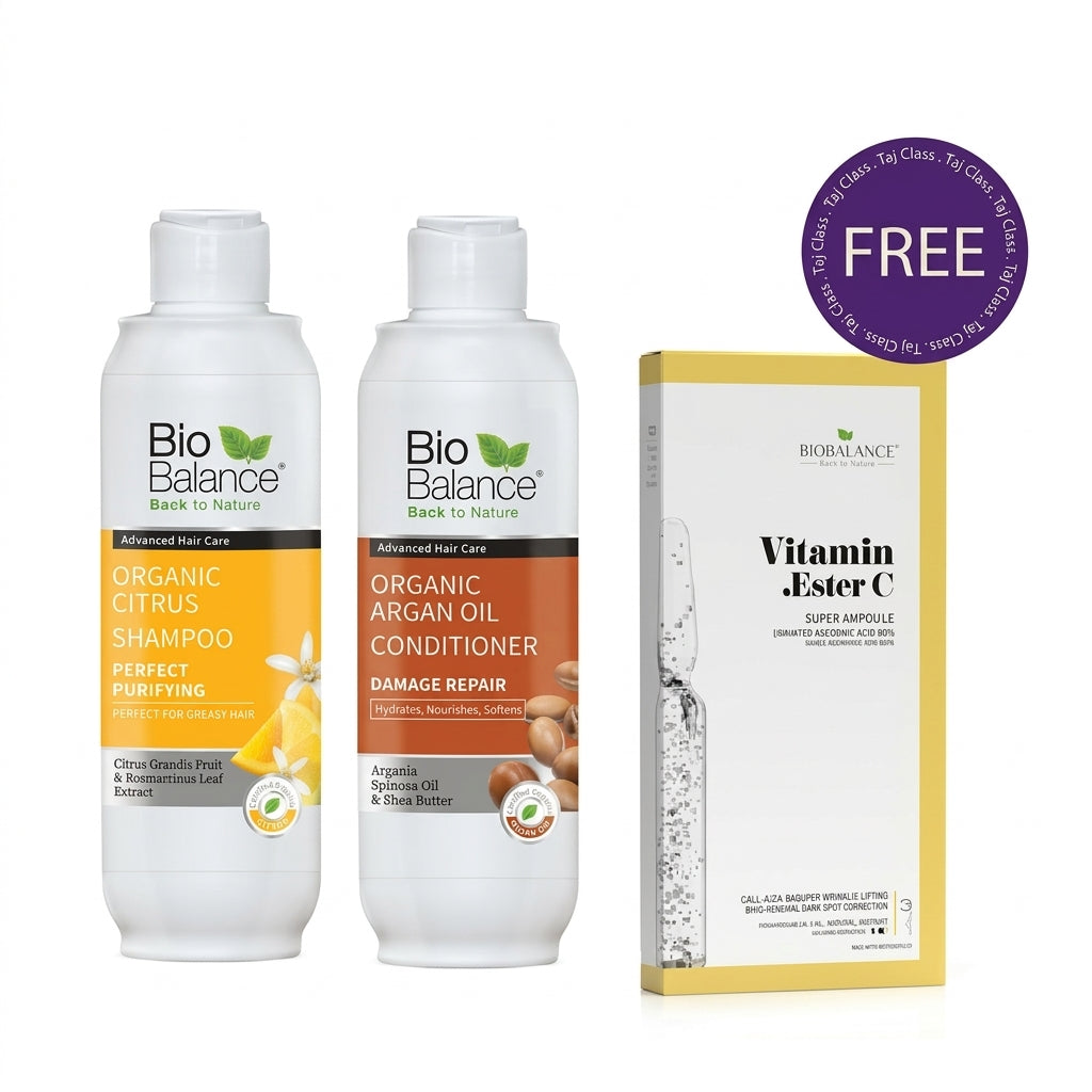Bio Balance Organic Citrus Purifying Shampoo 330ml &  Argan Oil Conditioner 330ml + Vitamin. Ester C Super Ampoule Free