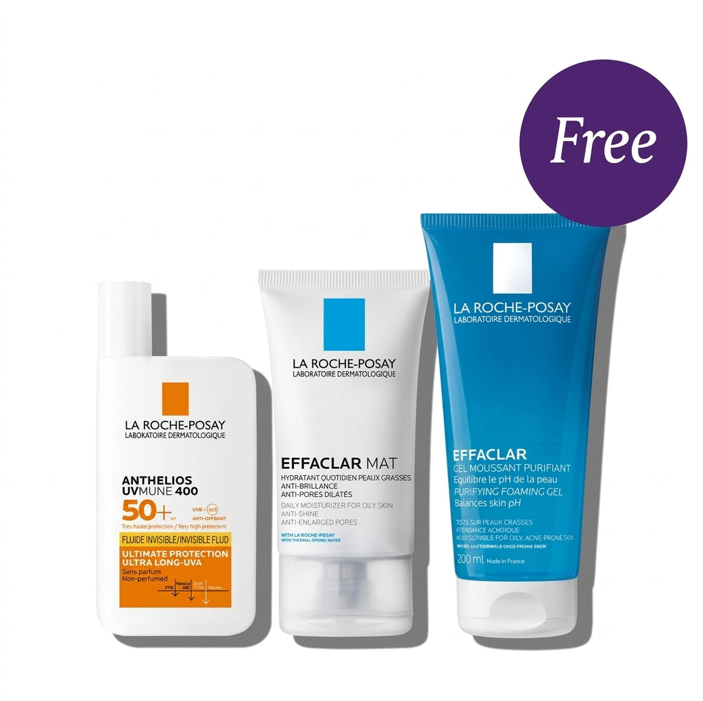 La Roche Posay Anthelios UVmune 400 Invisible Fluid SPF50+ 50ml & Effaclar Mat Mattifying Face Moisturizer For Oily Skin 40ml + Effaclar M Foaming Cleansing Gel 200ml Free