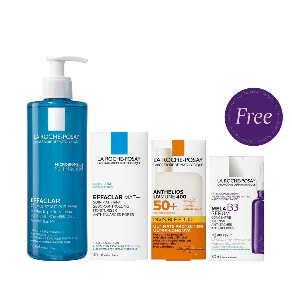 La Roche Posay Effaclar Cleansing Gel 400ml & Effaclar Mat Mattifying Face Moisturizer 40ml & Anthelios UVmune 400 Invisible Fluid SPF50+ 50ml +Mela B3 10 Serum 30ml Free