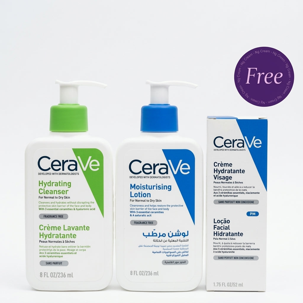 CeraVe Hydrating Facial Cleanser 236ml & Moisturizing Lotion For Normal To Dry Skin With Hyaluronic Acid 236ml & Free PM Facial Moisturising lotion 52ml