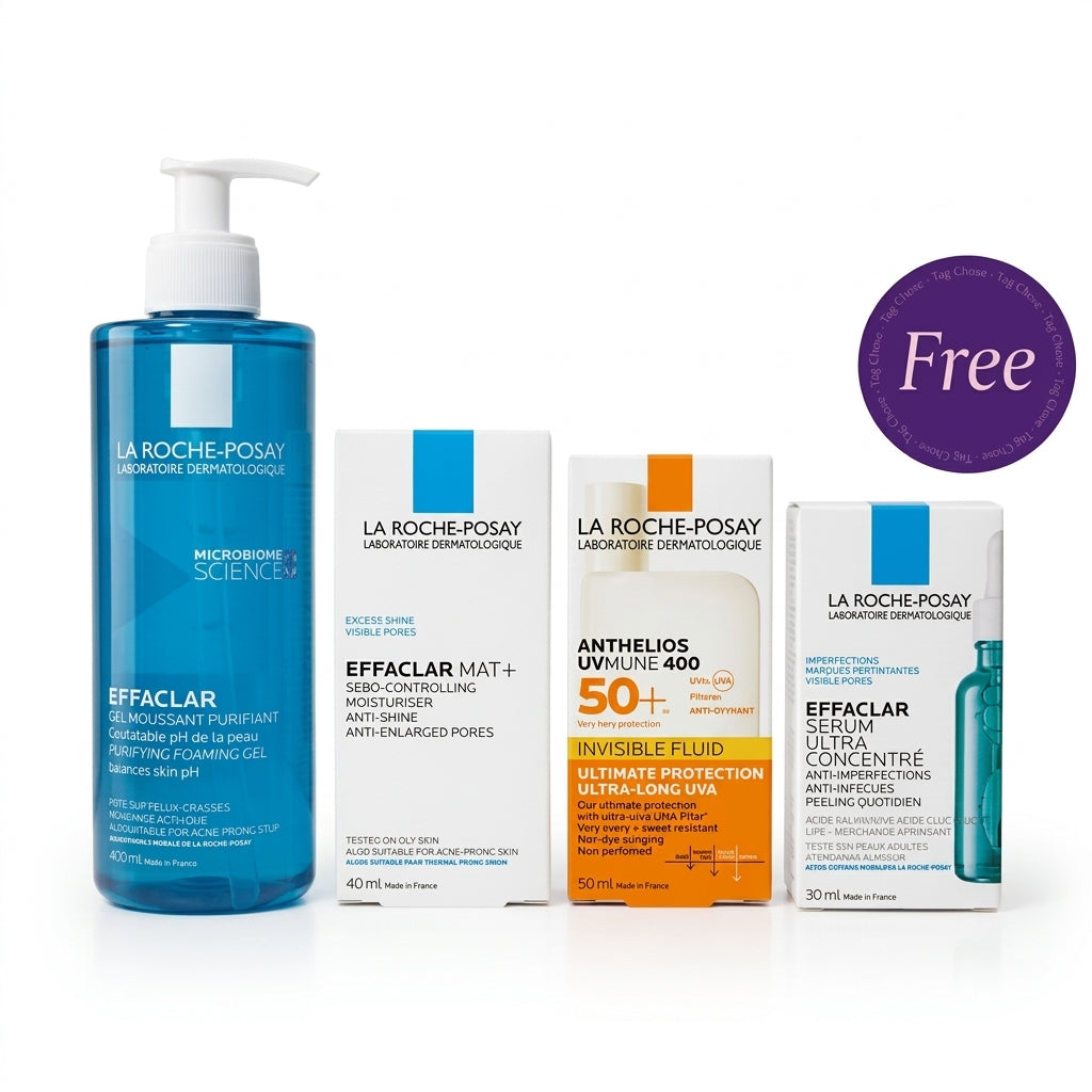 La Roche Posay Effaclar Cleansing Gel 400ml & Effaclar Mat Mattifying Face Moisturizer 40ml & Anthelios UVmune 400 Invisible Fluid SPF50+ 50ml + Effaclar Serum 30ml Free