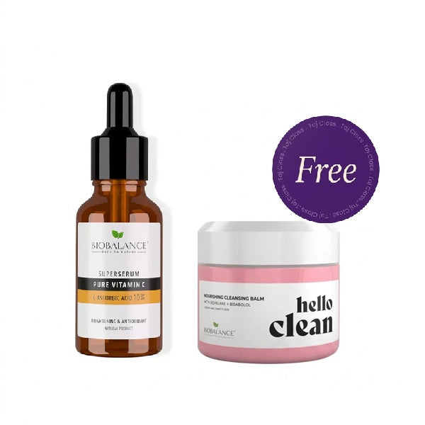 Bio Balance Pure Vitamin C L-ASCORBIC Acid 10%  Super Serum 30ml + Hello Clean Nourishing Cleansing 100ml Free