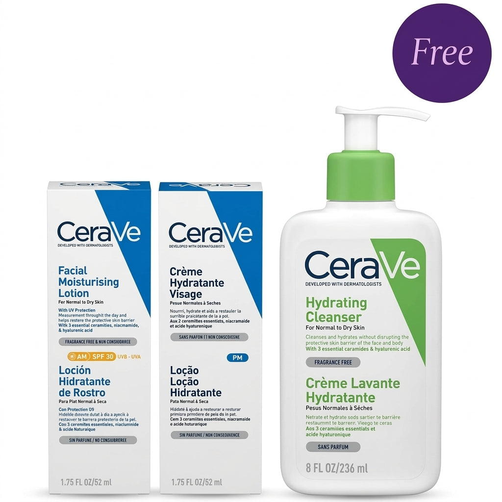 CeraVe AM Facial Moisturizer SPF30 52ml & PM Facial Moisturising lotion 52ml + CeraVe Hydrating Facial Cleanser 236ml  Free