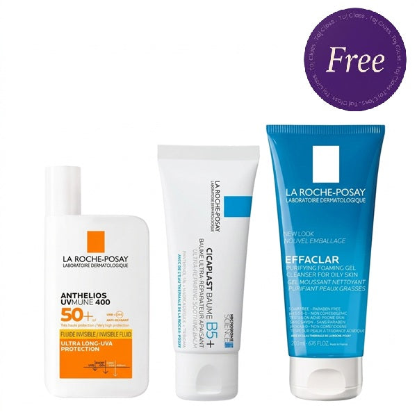 La Roche Posay Anthelios UVmune 400 Invisible Fluid SPF50+ 50ml & Cicaplast Baume B5+ Ultra Repairing Soothing Balm 40ml + Effaclar M Foaming Cleansing Gel 200ml Free