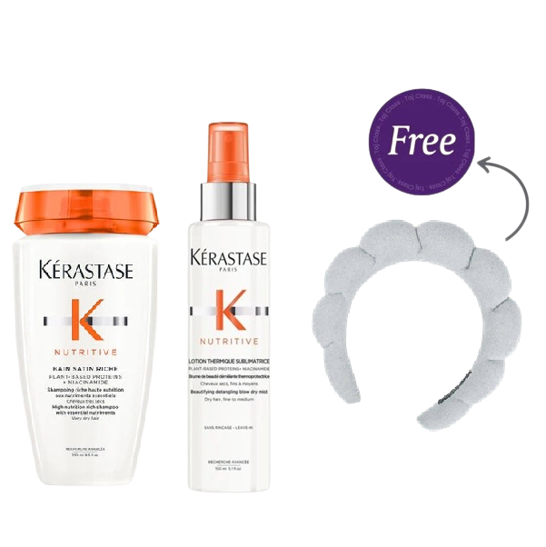 Kerastase Nutritive Bain Satin Riche High Nutrition Rich Shampoo For Very Dry Hair - 250ml &Lotion Thermique Sublimatrice 150ml + Head Band Gift