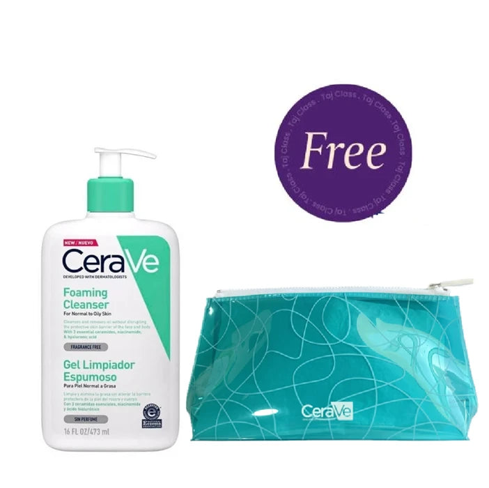 Cerave Foaming Cleanser for Normal to Oily Skin with Hyaluronic Acid 473Ml + Free Pouch