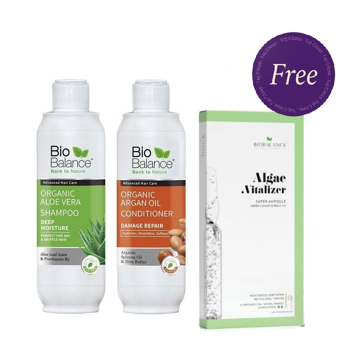 Bio Balance Organic Aloe Vera Deep Moisture Shampoo 330ml & Argan Oil Conditioner 330ml + Free Alqae Vitalizer Super Ampoule