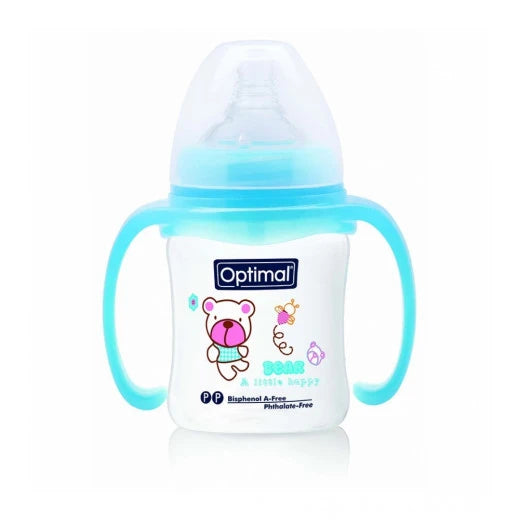 Optimal W/Neck Feeding Bottle180 Ml With Handle Blue 'Pink 'White
