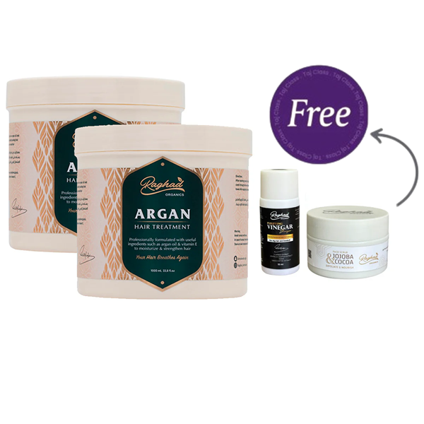 Raghad Organics Argan Hair Treatment 1000ml X2 + Free Vinger Shampoo 15ml + Free Jojoba 50ml