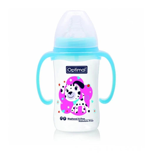 Optimal W/Neck Feeding Bottle W/Handle 240Ml Blue 'Pink 'White