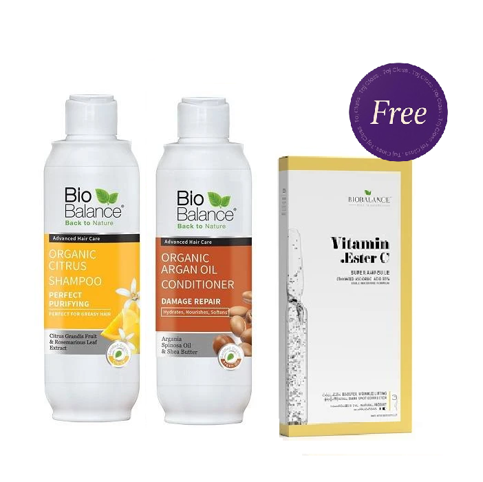 Bio Balance Organic Citrus Purifying Shampoo 330ml &  Argan Oil Conditioner 330ml + Vitamin. Ester C Super Ampoule Free