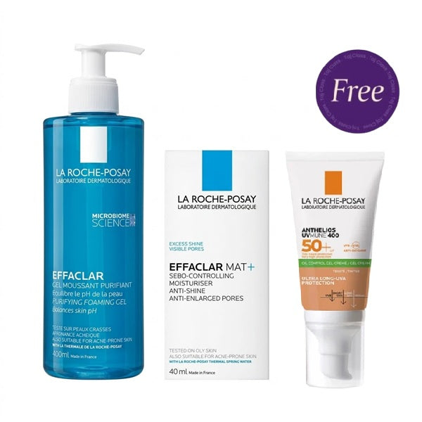 La Roche Posay Effaclar M Foaming Cleansing Gel 400ml & Effaclar Mat Mattifying Face Moisturizer For Oily Skin 40ml +Anthelios Dry Touch Tinted Gel-cream  SPF50+ 50ml Free