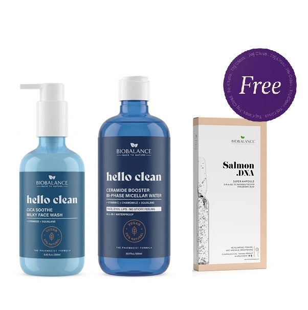 Bio Balance Hello Clean Face Wash 250ml & Ceramide Booster Bi-Phase Micellar Water 500ml + Salmon DNA Super Ampoule Free