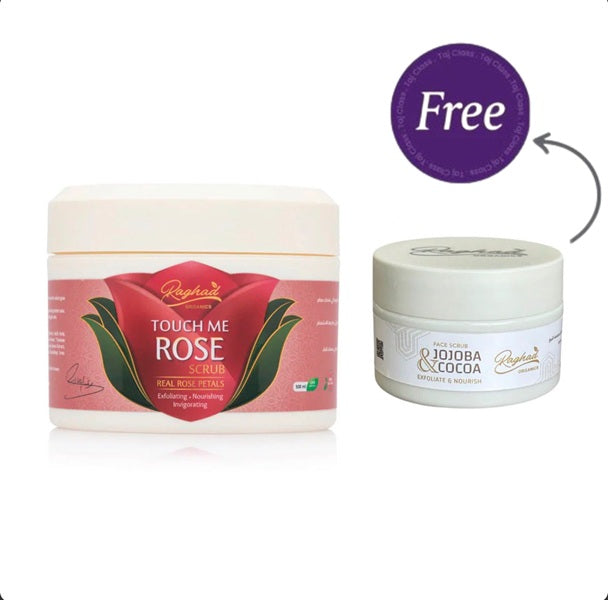Descriptio?  Indulg?  in ?  luxuriou?  experience with Raghad Organics?  Rose Body Scrub. Each containe?  is enriched with th?  fres?  scen?  of rose?  as it contains real rose petals fo?  ? 