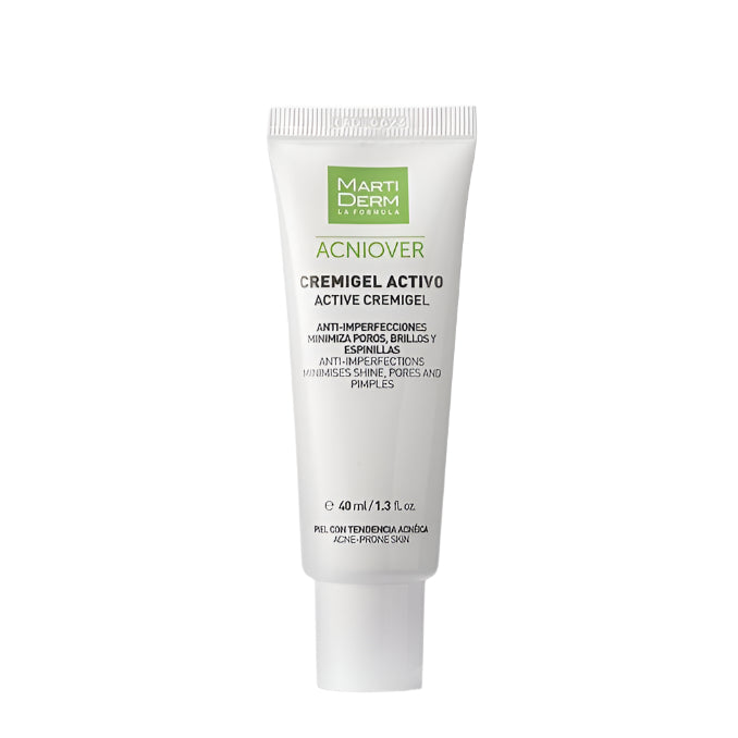 Tube of Martiderm Acniover cream on a white background
