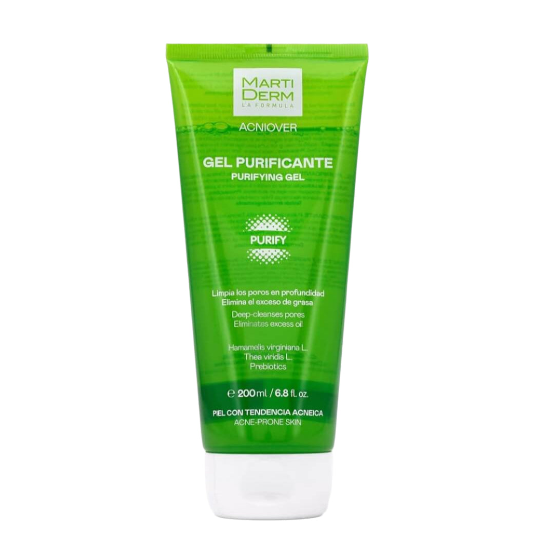 Green tube of Martiderm purifying gel on a white background