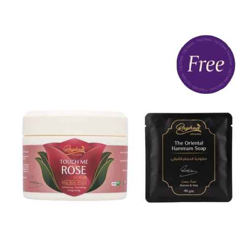Raghad Organics Touch Me Rose Body Scrub 500 ml + The Oriental Hammam Soap 40gm Free