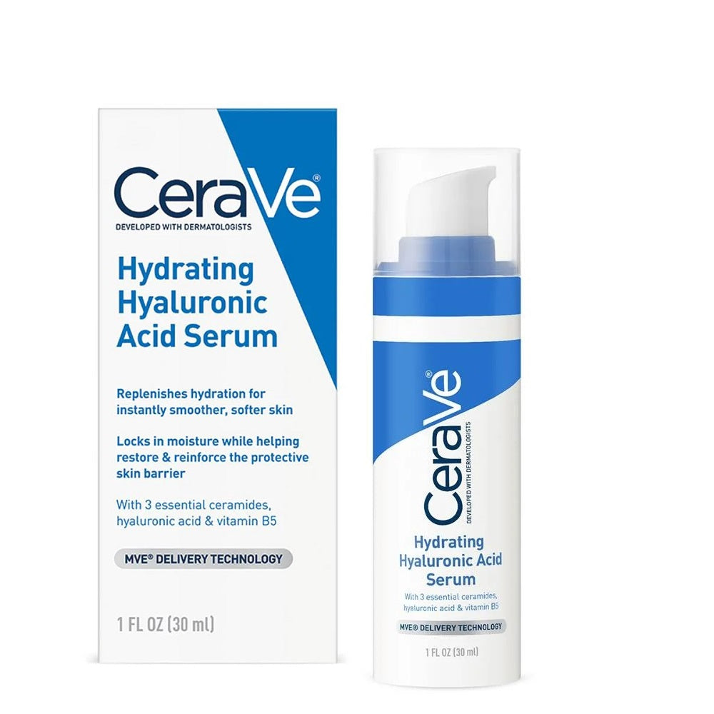 CeraVe Hydrating Hyaluronic Acid Serum packaging and bottle on a white background