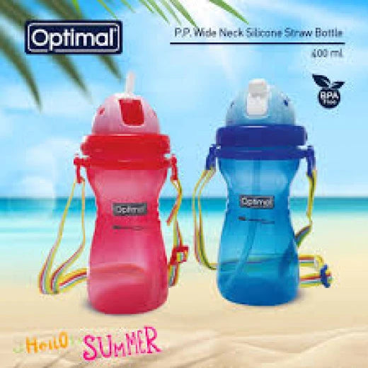 Optimal P.P Wide Neck Straw Bottle 400Ml Blue 'Pink