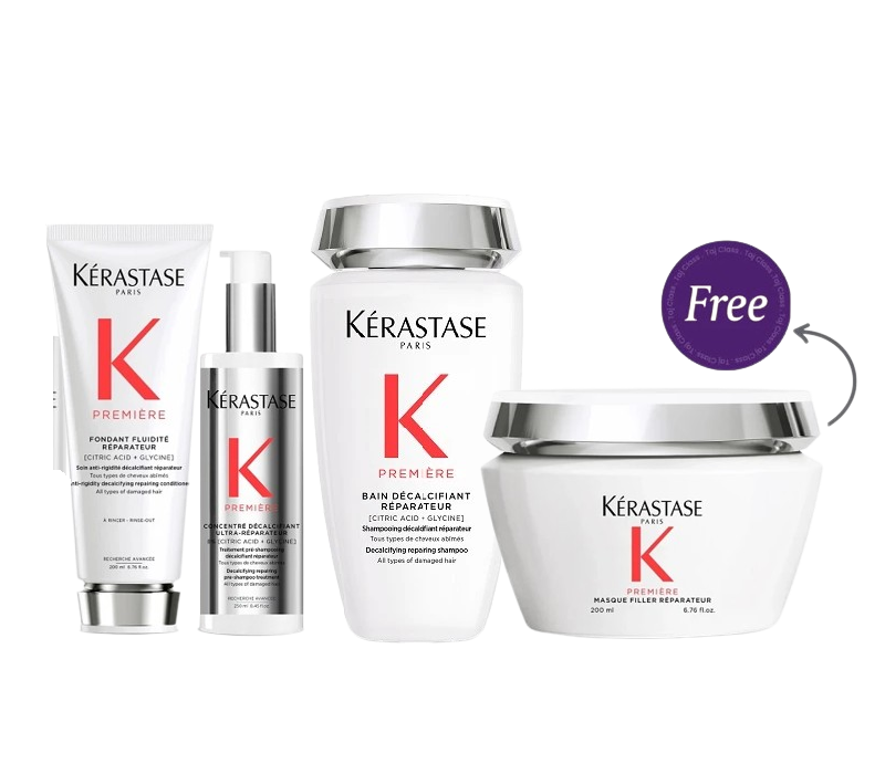 Kerastase Paris Premiere Fondant Fluidite Reparateur 200ml & Shampoo 250ml & Concontré Décalcificant Ultra-Réparateur 250ml +  Masque Filler Reparateur 200ml Free