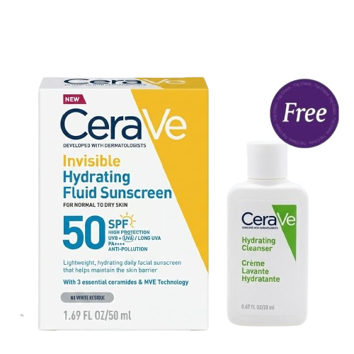 Cerave Invisible Hydrating Fluid Sunscreen SPF50 50ml + Hydrating Cleanser 20ml Free