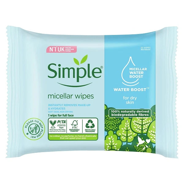 Simple Micellar Wipes For Dry Skin 20 Wipes